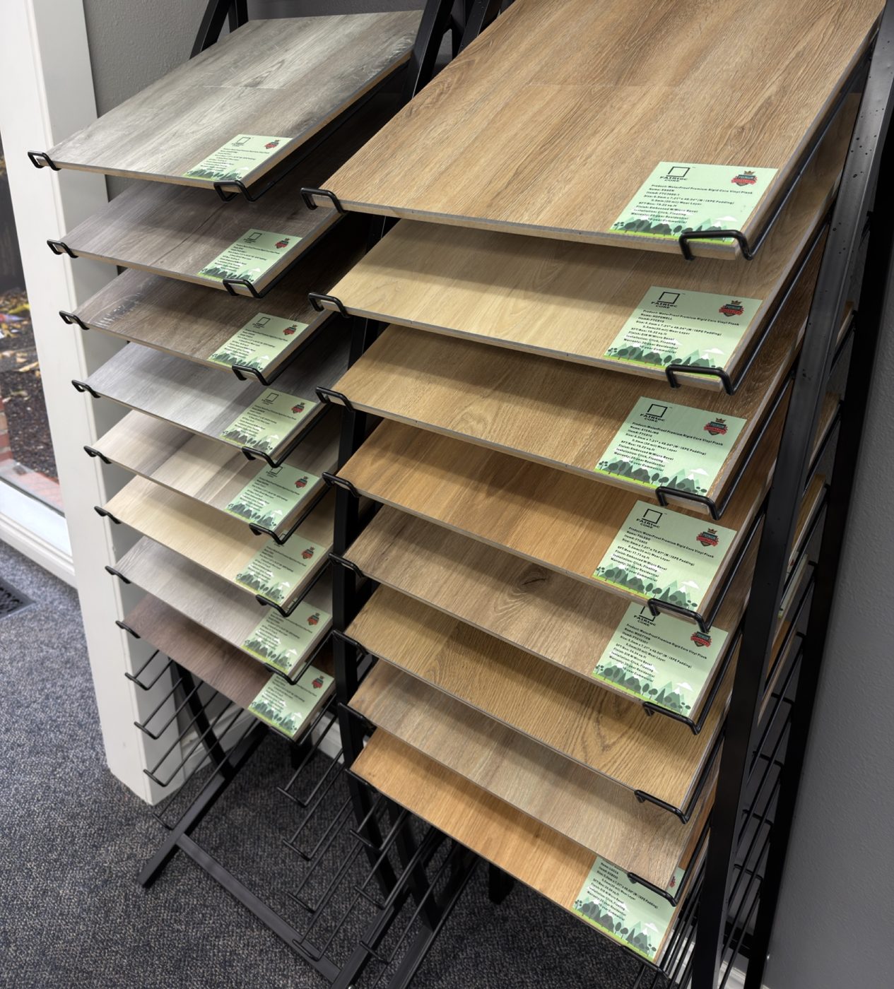 Warm oak plank samples on the showroom rack