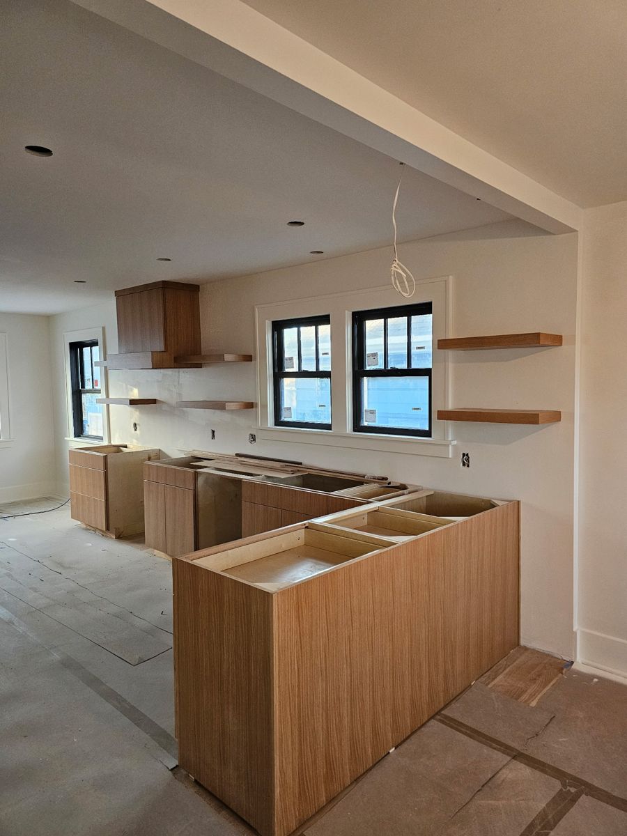 Oak cabinets with floating shelves